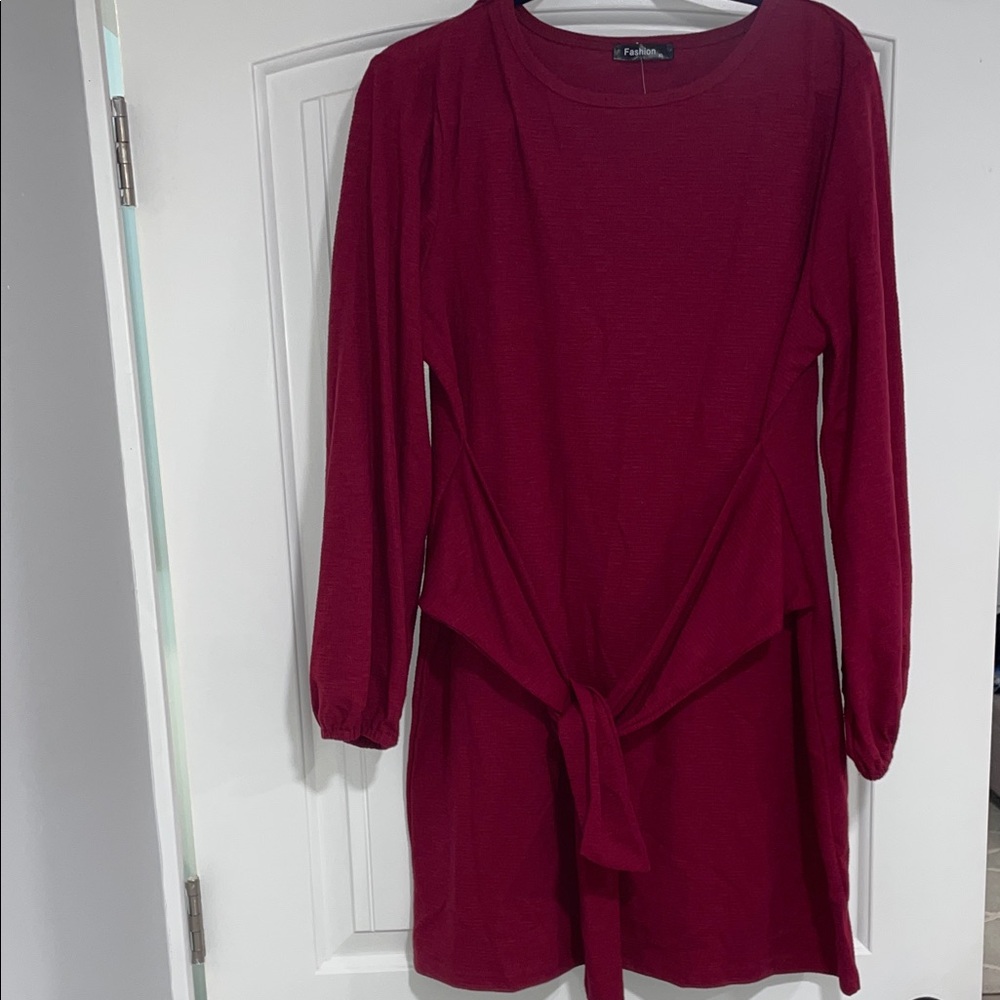 Red Long Sleeve Tie-Front Dress
